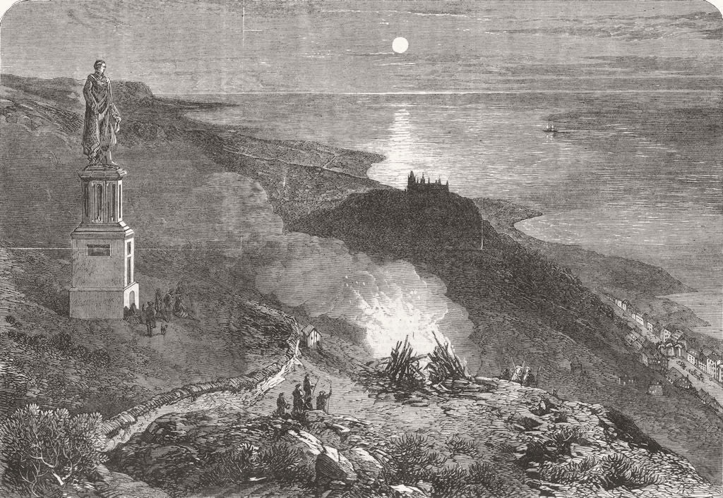 DUNROBIN CASTLE. Bonfire on the summit of Ben Braggie 1866 old antique print